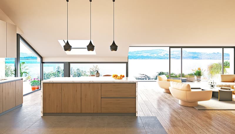 modern kitchen with island, large windows, wooden floor, pendant lights, view of the lake