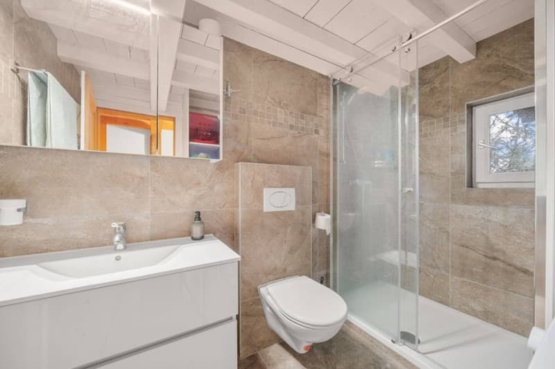 White tile and wall, toilet, shower cabin, sink, mirror, white cabinet, towel