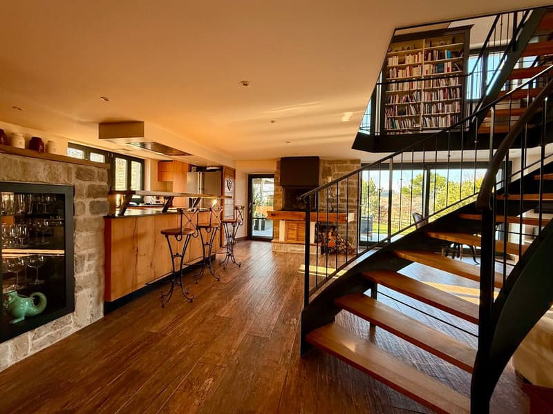 Open space with kitchen and dining area, large living room with fireplace, wooden flooring, spiral staircase, windows, bookshelves