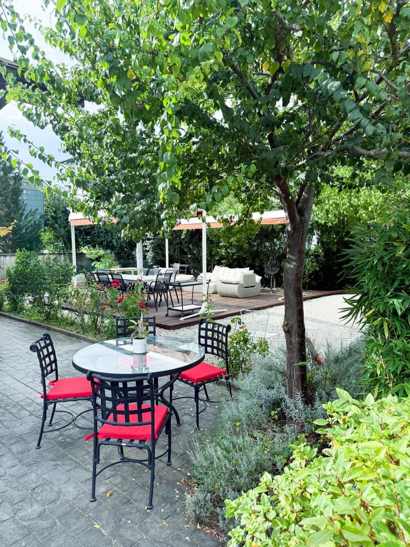 tree, round table, chairs, wooden deck, sofa, plants, umbrellas