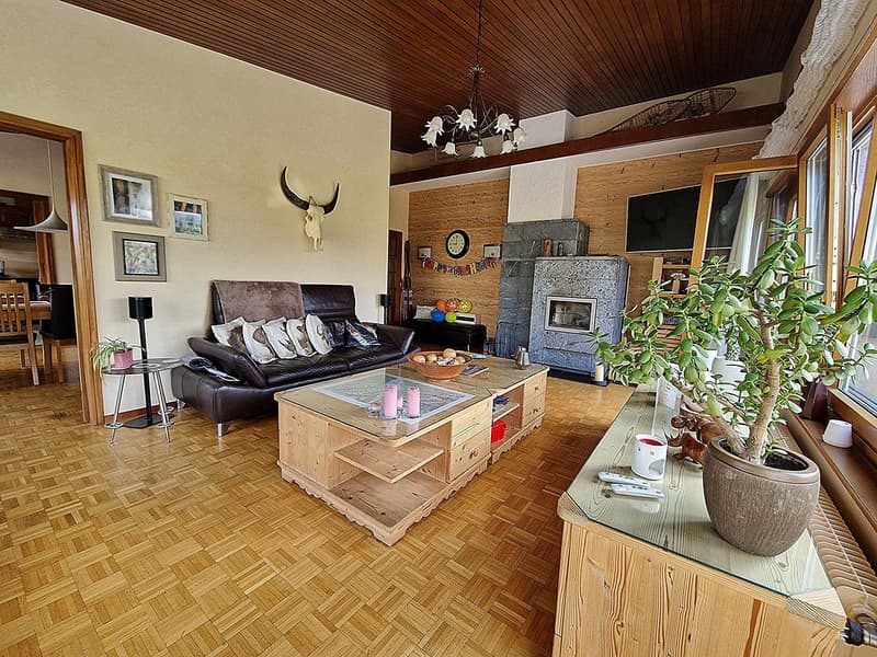 Spacious living room with wooden ceiling, leather sofa, wooden coffee table, fireplace, and various decorative elements such as wall art and potted plants.