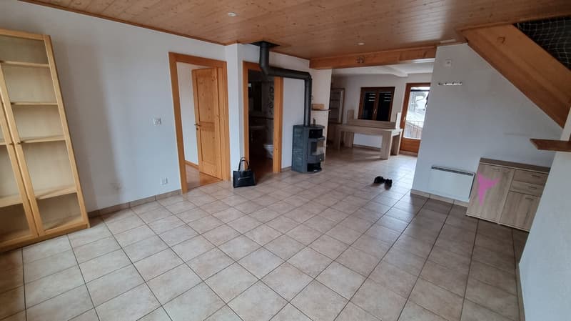 wooden ceilings, fireplace, tiled floor, storage shelves, wooden doors, entrance, balcony