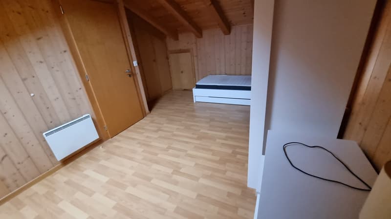 bedroom with wooden walls, hardwood floor, single bed, radiator