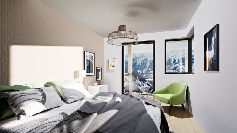 large bed with pillows, green chair, white nightstand, artwork on wall, sliding glass door to balcony, hanging lamp, view of mountains