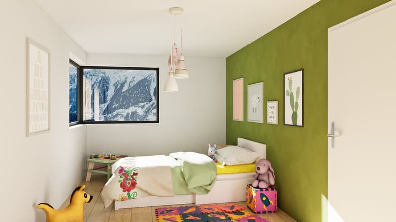 white walls, green accent wall, wooden floor, single bed with colorful bedding, stuffed toys, rug, framed art, large window with outdoor view, bedside table, hanging lamps