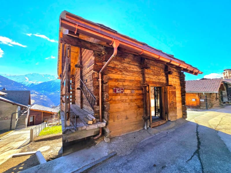 wooden chalet, copper gutters, wooden door, wooden steps, mountain view