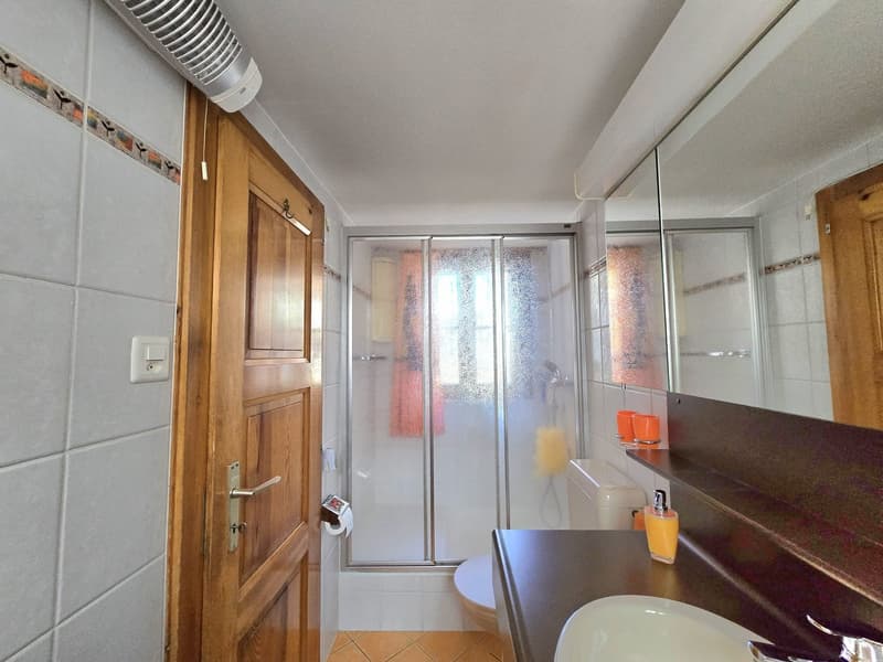 white tiles, wooden door, white sink, white toilet, glass shower enclosure, wooden cabinet, power outlet, soap dispenser, toilet paper holder