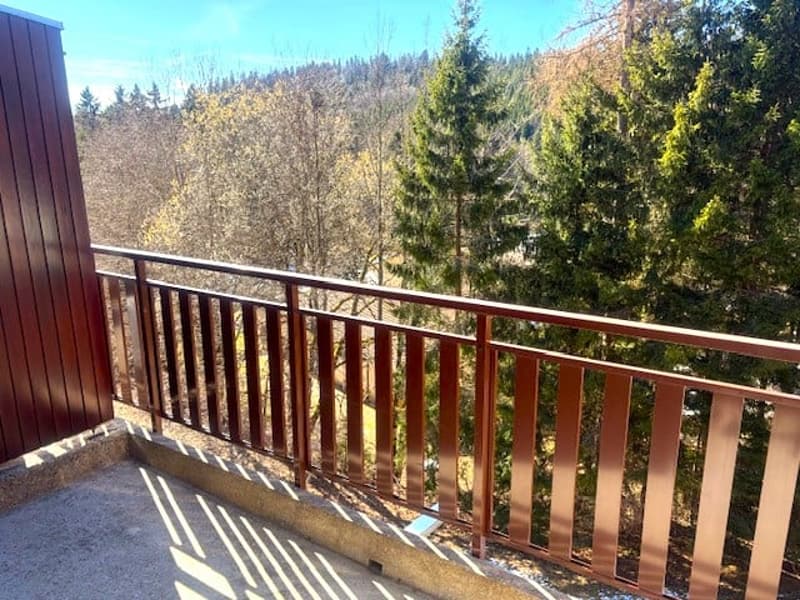 Balcony with wooden railings, view of trees and mountains
