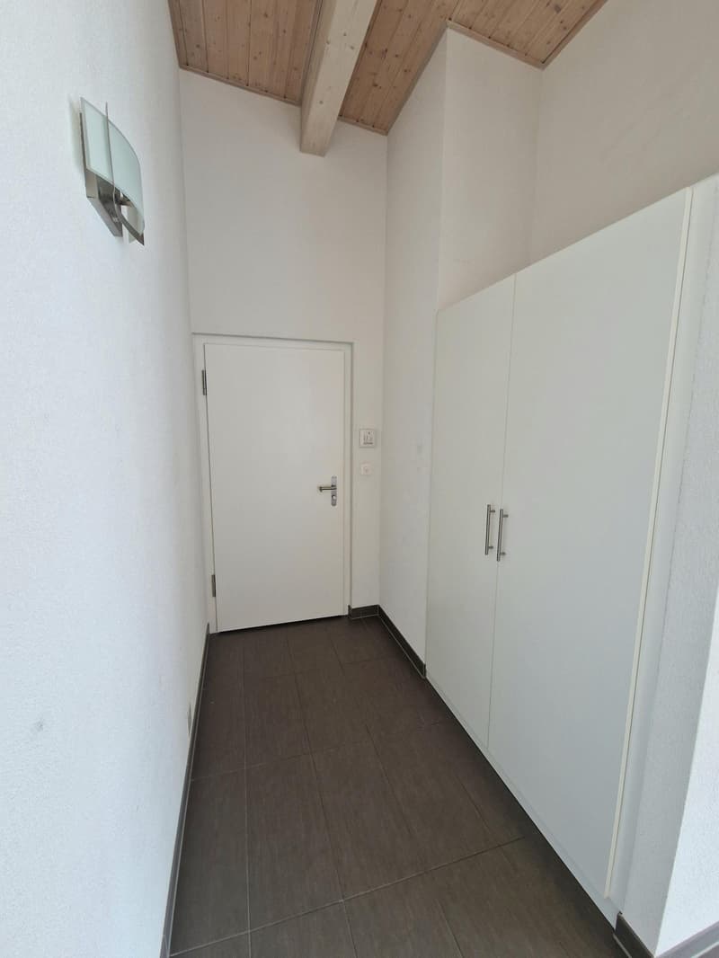 The image shows a hallway with a white door, white walls, and a wooden ceiling. The floor is covered with dark tiles. There are two white closet doors visible in the hallway.