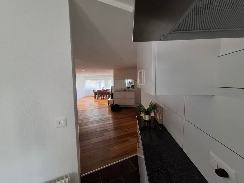 corridor, modern kitchen, open dining area, wooden floor