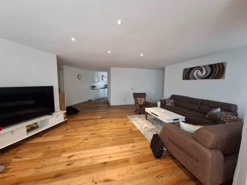 Living room with two couches, coffee table, TV, armchair, carpet, artwork on wall, wooden floor.