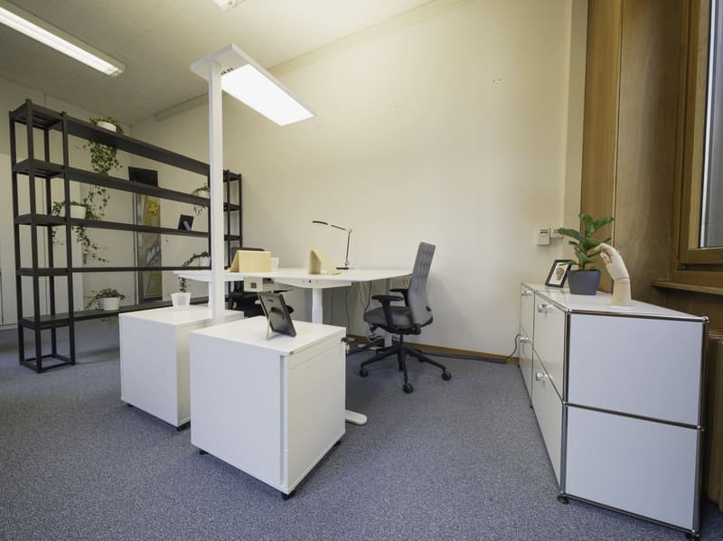 an office space with white desks, cabinets, shelves, ceiling lamp, office chairs, potted plants, monitor, and wall plug