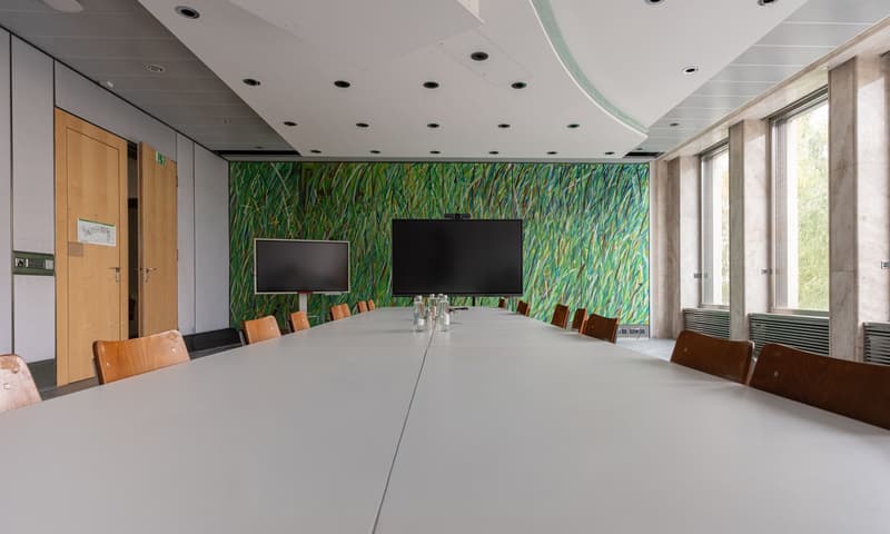 Empty meeting room, large table, two monitors, wooden chairs, light walls, windows
