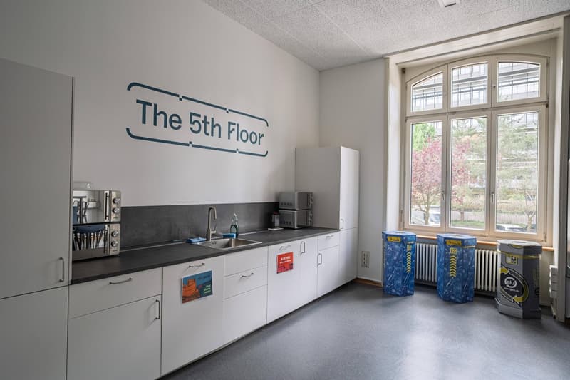 modern kitchen, white cabinets, black countertops, microwave, sink, white shelves, radiators, windows