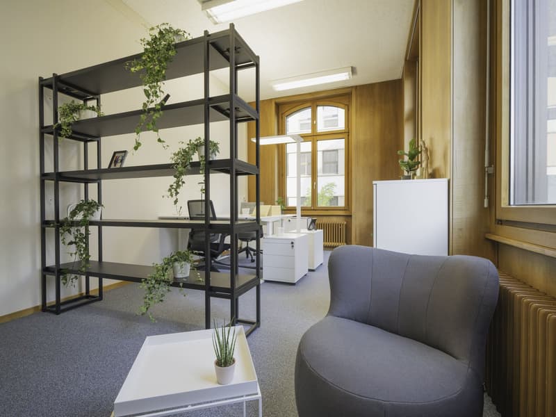 Large office room with wood-paneled walls, modern desk setup, gray upholstered chair, and green plants. Includes shelving, a white table, and various office furniture.