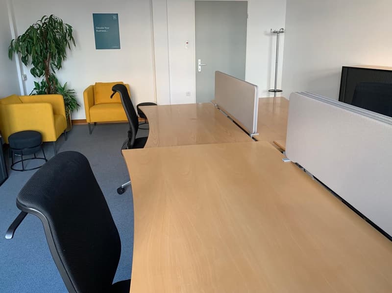 Modern office room with desks, office chairs, plants, and coat rack.