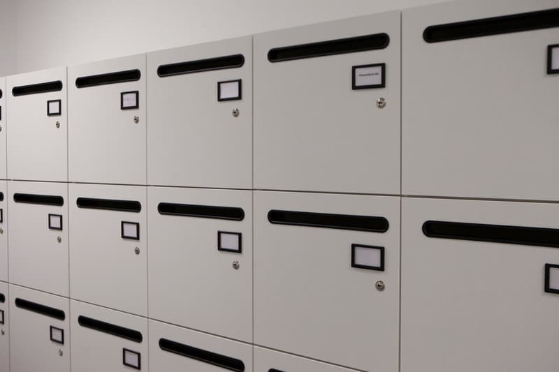 White mailboxes with black handles and small labels