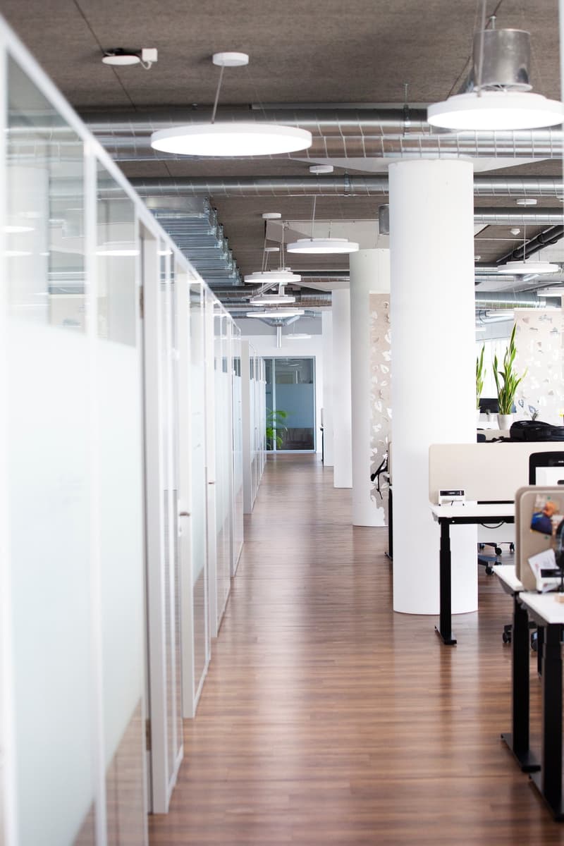 Office corridor with wood floor and glass walls. White desks and white pillars. Green plants in office room at the end.
