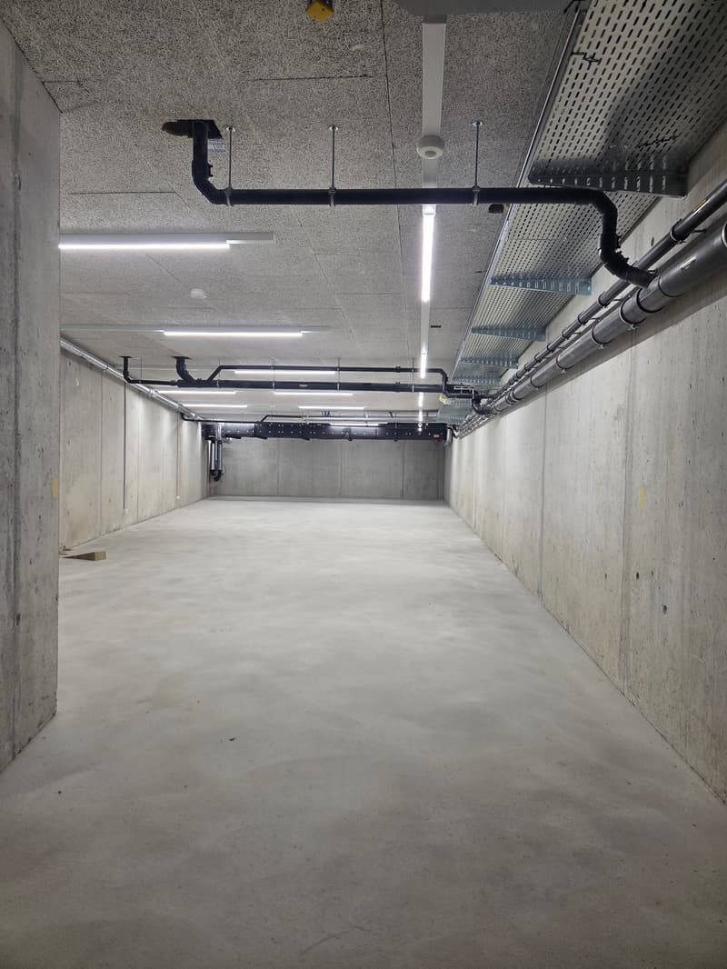 Empty basement with concrete walls, ceiling and floor, metal pipes and lights