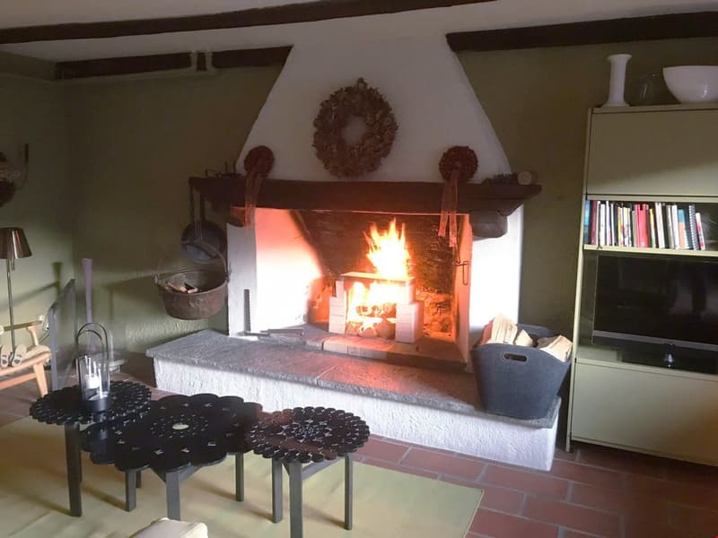 fireplace, white mantle, large fireplace, books on shelves, table, TV