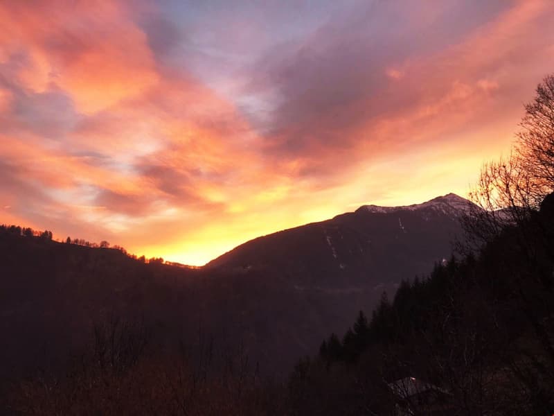 Mountain landscape with a view of a sunset, clouds, and a silhouette of trees