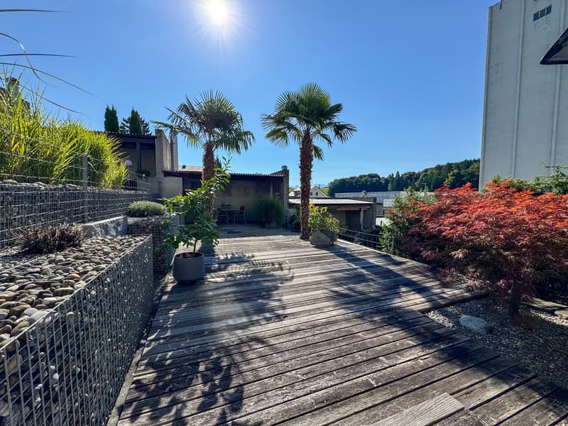 Wooden deck, mesh fence, two palm trees, potted plants, gravel path, sunny day