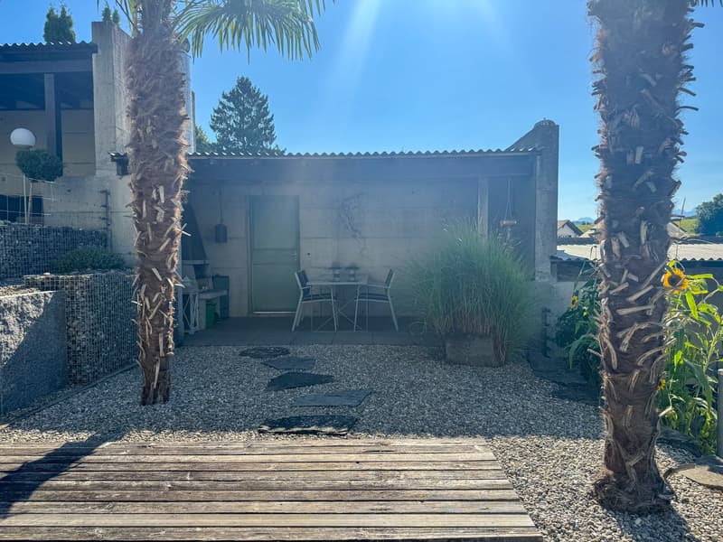 Outdoor dining area with table and chairs, wooden pathway, gravel ground, palm trees, and a small potted plant. The house has a concrete wall and a stone garden wall in the background.