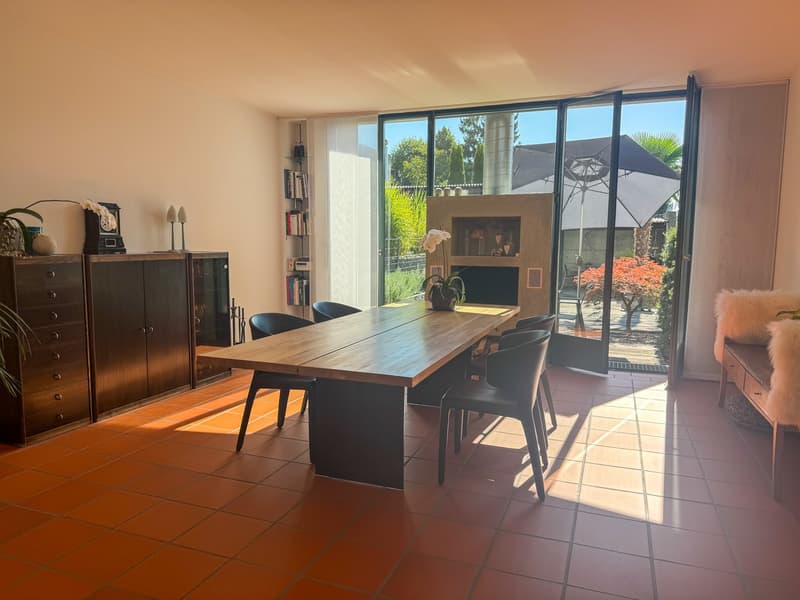 Dining room with a wooden table, chairs, orange floor, large glass door to an outdoor area, a fireplace in the corner, cabinet with books, umbrella, and potted plants.