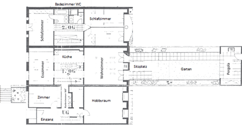 Living room, Kitchen, 2 bedrooms, 2 bathrooms, hobby room, entrance, outdoor storage, sitting area, garden