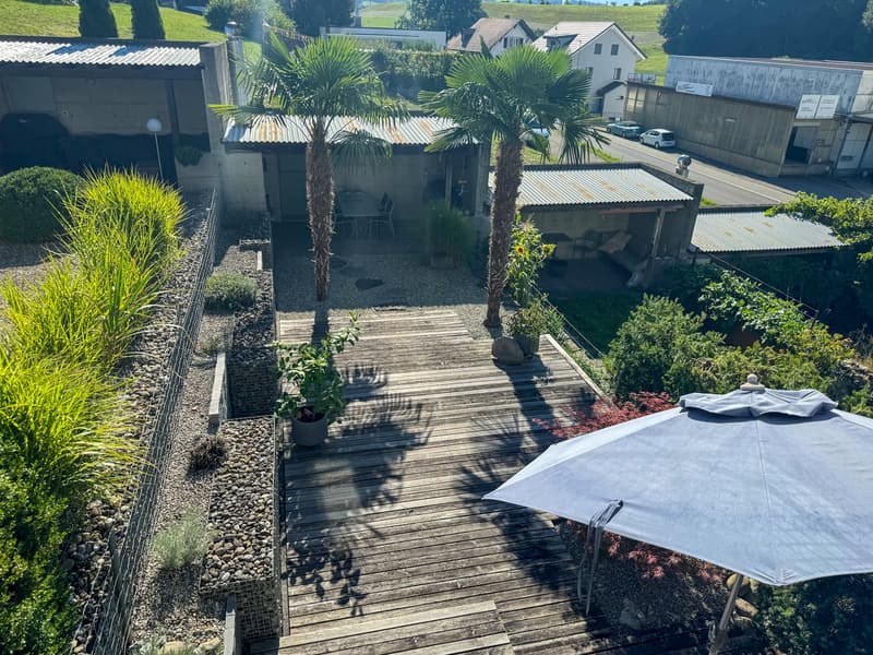Wooden pathway leading to a covered seating area with an umbrella, surrounded by various plants and shrubs, a table and chairs on a shed, and distant houses and vehicles in the background.
