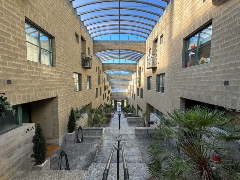 Raised ground floor, outdoor seating area, glass ceiling, brick wall, staircase, plants, handrails