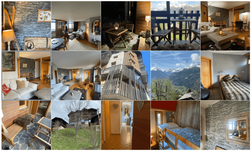 Mountain view, wooden walls, cozy living room, dining area, balcony, bedroom, bathroom, kitchen, fireplace, outdoor seating, ski equipment