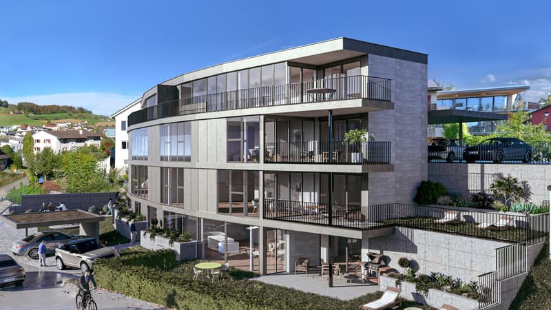 Baubewilligt und kurz vor Realisierung: Moderne Dachwohnung mit Lift, grossem Balkon und Carport (1)
