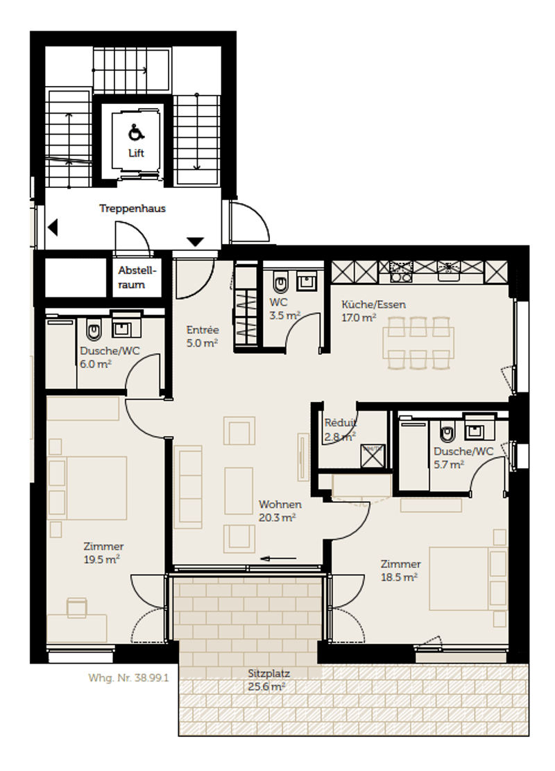 2 bedrooms, 2 bathrooms, kitchen, dining area, living room, storage room, entrance, and a stair case