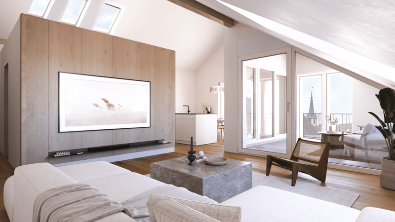 Living room with sky windows, large flat screen TV, white couch, white coffee table, white carpet, glass sliding doors