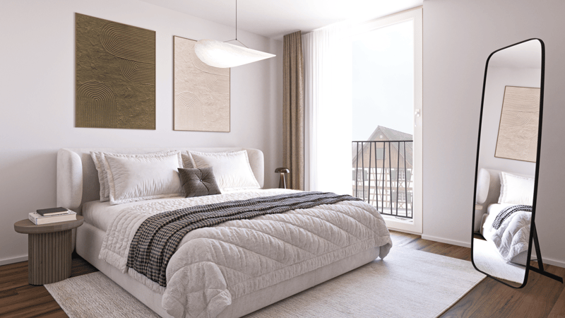 Queen size bed, pillows, blanket, rug, bedside table, full-length mirror, lamp, paintings, window with balcony