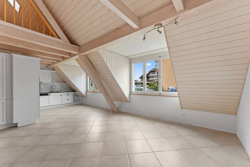 open kitchen, wooden beams, tiled floor, large window