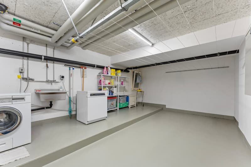 Laundry room with washing machine, dishwasher, sink, shelves, and storage boxes