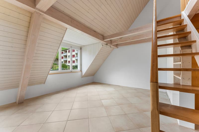 empty room, wooden beams, tiled floor, window, wooden staircase