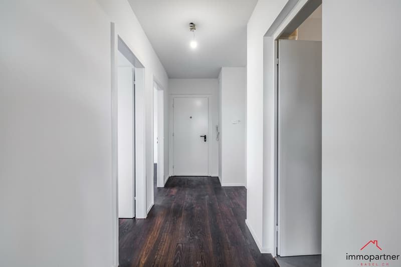 Empty hallway with white walls, wooden floor, white doors, and a ceiling light