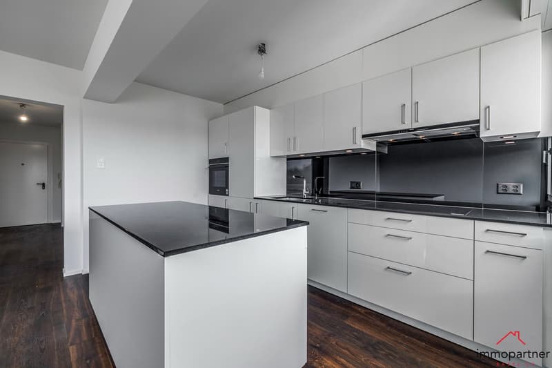 modern kitchen with white cabinets, black countertops, integrated appliances, wooden floor