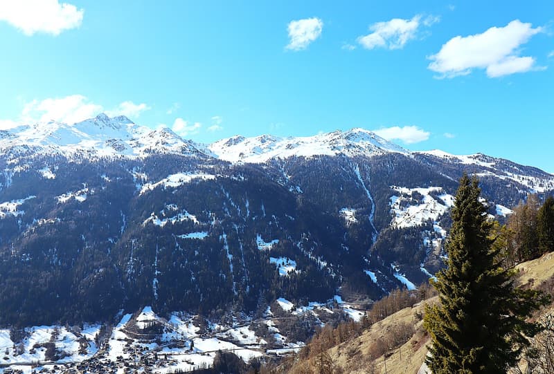 Snowy mountains with pine trees, village below, blue sky with clouds
