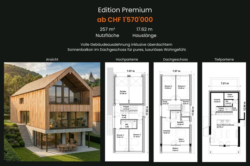 Floor plan of a house with 4 bedrooms, 2 bathrooms, living room, kitchen, dining room, garage, and a balcony in the attic