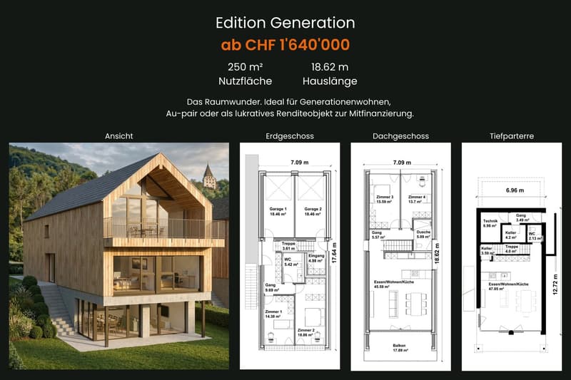 Floor plan of a house with 2 garages, 4 bedrooms, 2 bathrooms, living room, kitchen, dining room, balcony
