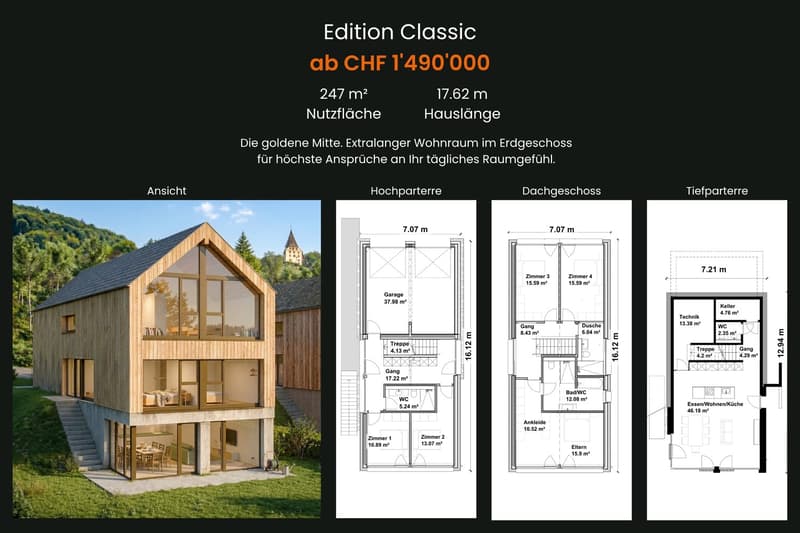 Floor plan of a house with a garage, raised ground floor, balcony, swimming pool, and view