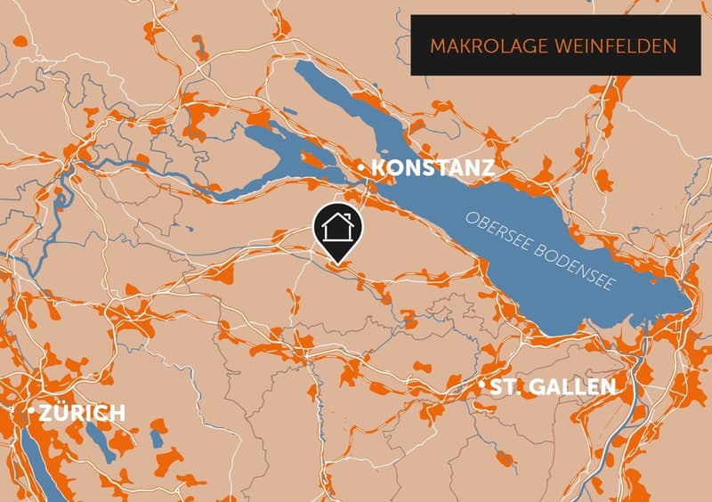 map of the Weinfelden area, includes roads, water bodies, and locations like Konstanz, Zürich, and St. Gallen