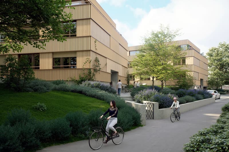 Modern building with wooden facade, multiple floors, large windows, landscaped garden, paved pathway, trees, and shrubs