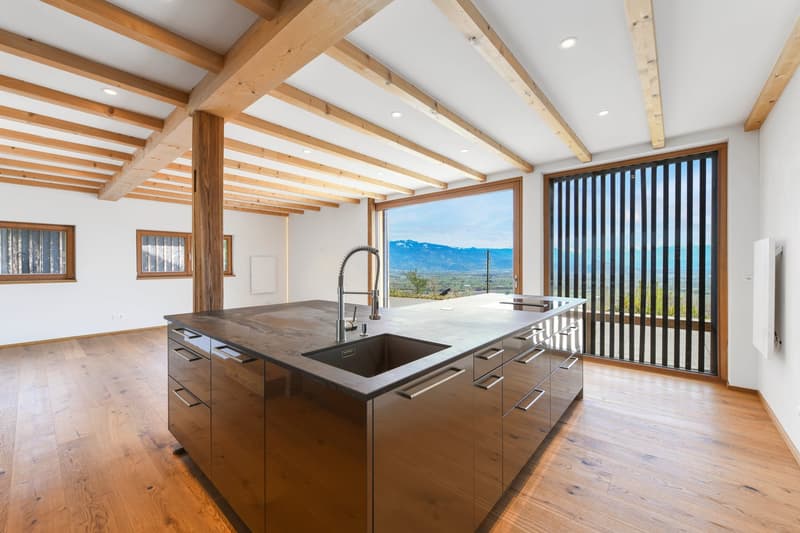 modern kitchen with large island, stainless steel cabinets, wooden floors, large windows, view of mountains