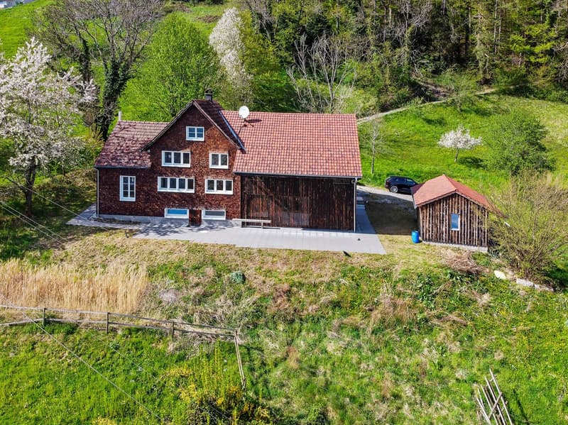 2 story house, red brick, red roof, white windows, car parked in front, small shed, satellite dish