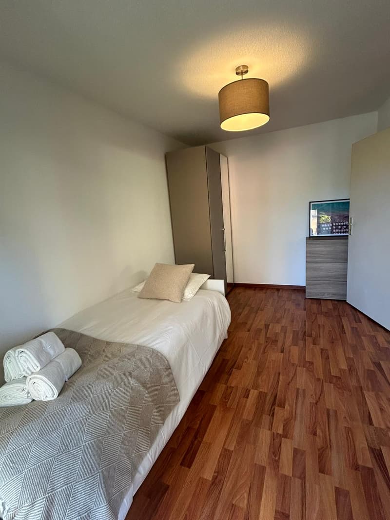 Single bed, wardrobe, bedspread, pillows, ceiling lamp, wooden floor